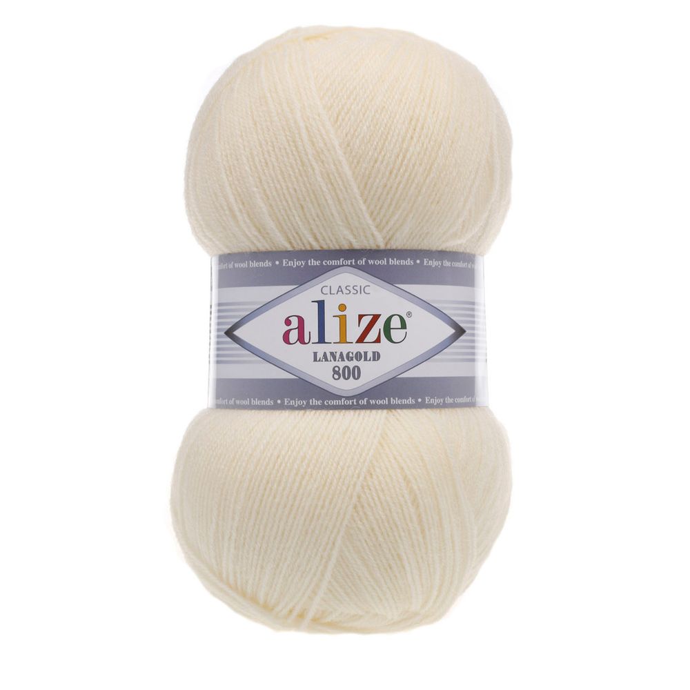Пряжа Alize (Ализе) Lana Gold 800 / уп.5 мот. по 100 г, 800м, 001 кремовый A