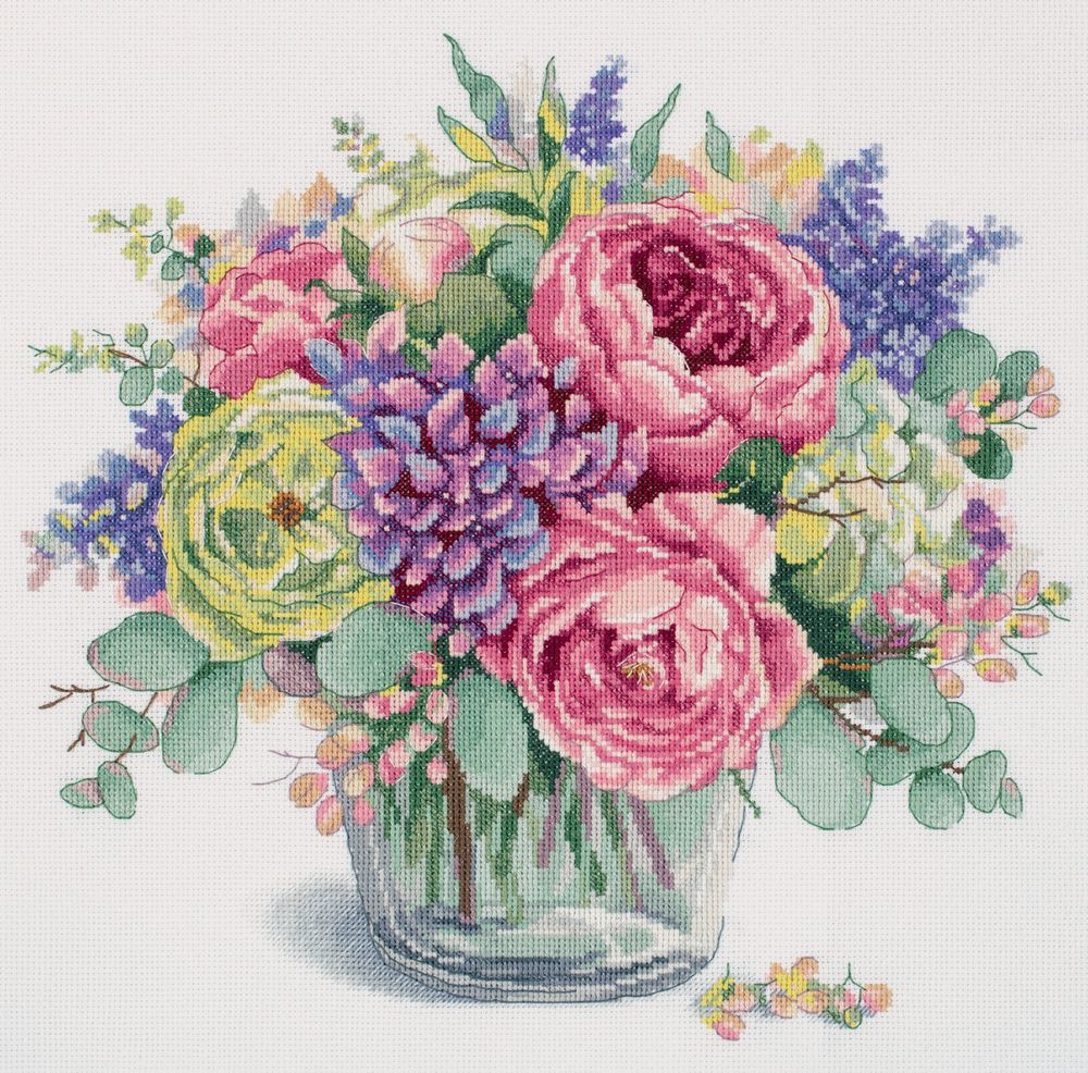 Набор для вышивания нитками Panna, Золотая серия. Букет с пионами, 34.5х32 см