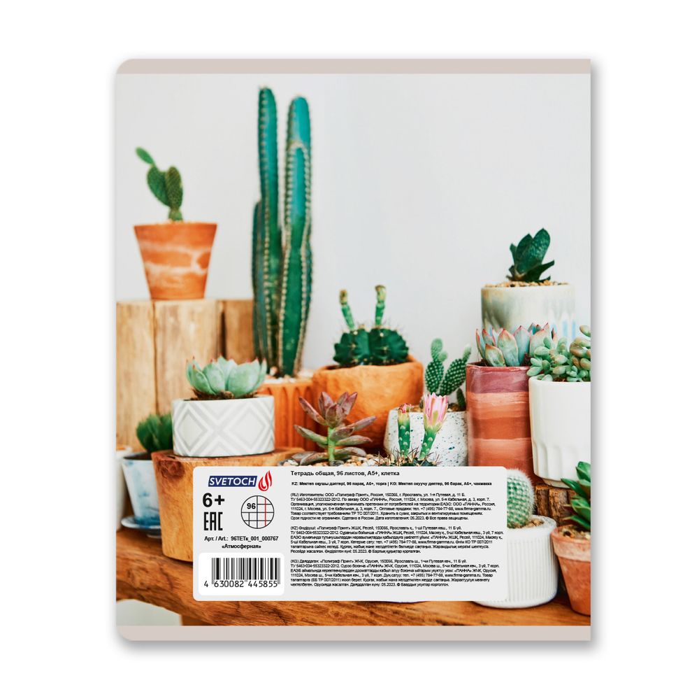 Тетрадь ученическая общая, A5+ 96 л. на скобе 60 г/м², белизна 100%, 5 шт, клетка в термоусадочной пленке, 000767 Атмосферная, Светоч 96ТЕТк-001