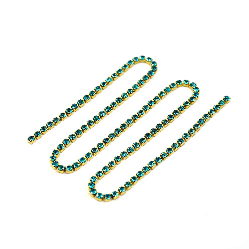 Стразовые цепочки (золото), цвет: ярко-голубой, размер 2 мм, 30 см/упак., ЦС003ЗЦ2