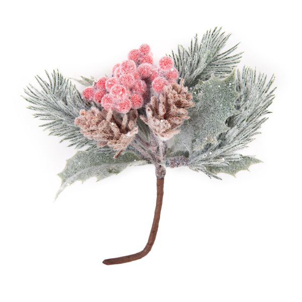 Веточка декоративная заснеженная с ягодами и шишками, 6 шт, 14 см, Blumentag VDD-130