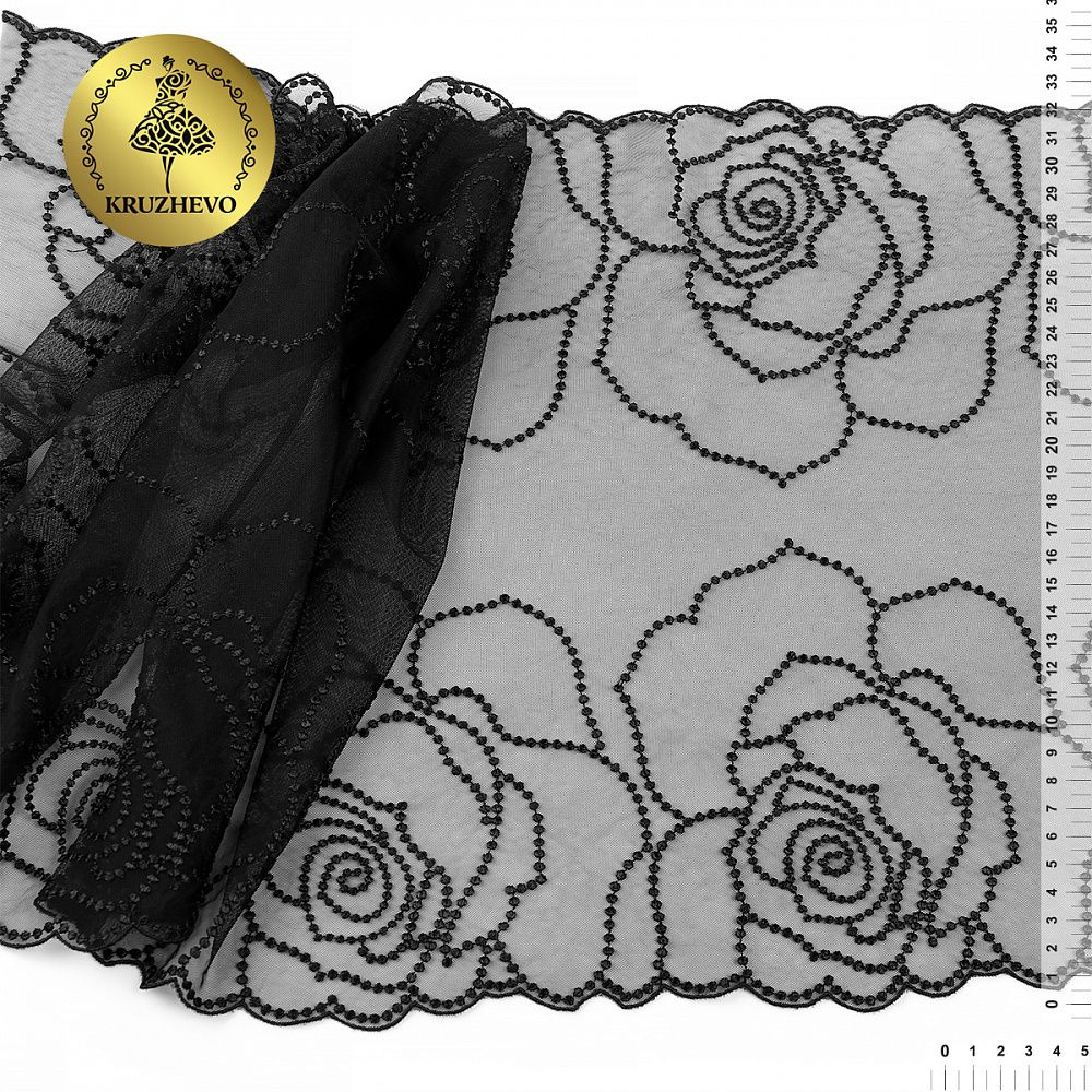 Кружево на сетке (вышитое) 325 мм, OG45 цв.черный уп.2.8м, Kruzhevo