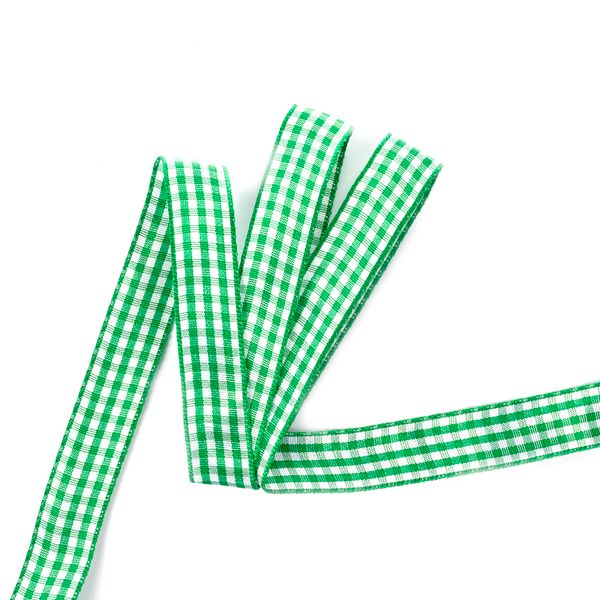 Лента тканевая с рисунком Клетка 15 мм, зеленый/белый, уп. 20 м
