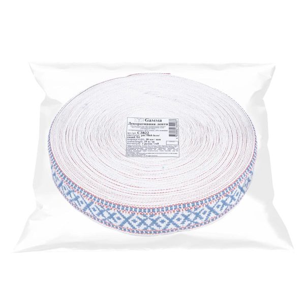 Лента (тесьма) жаккардовая 38.0 мм / 25±1 метров, для пояса, рис 9860 бело/синий №1, Gamma С3822