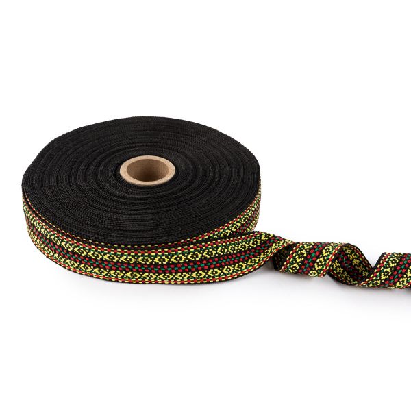 Лента (тесьма) жаккардовая 30.0 мм / 25±1 метров, Орнамент для северных народов, рис 9871 №2 черн/желт/красн/зеленый, Gamma C3881