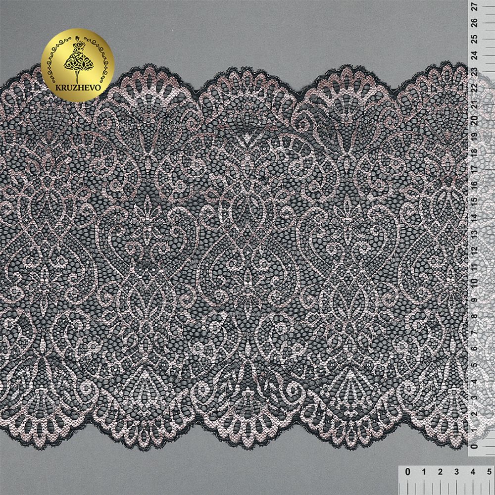 Кружево бельевое эластичное 240 мм / 120 м, Premium 40992, цв.168 серебристый пион+черный, Kruzhevo
