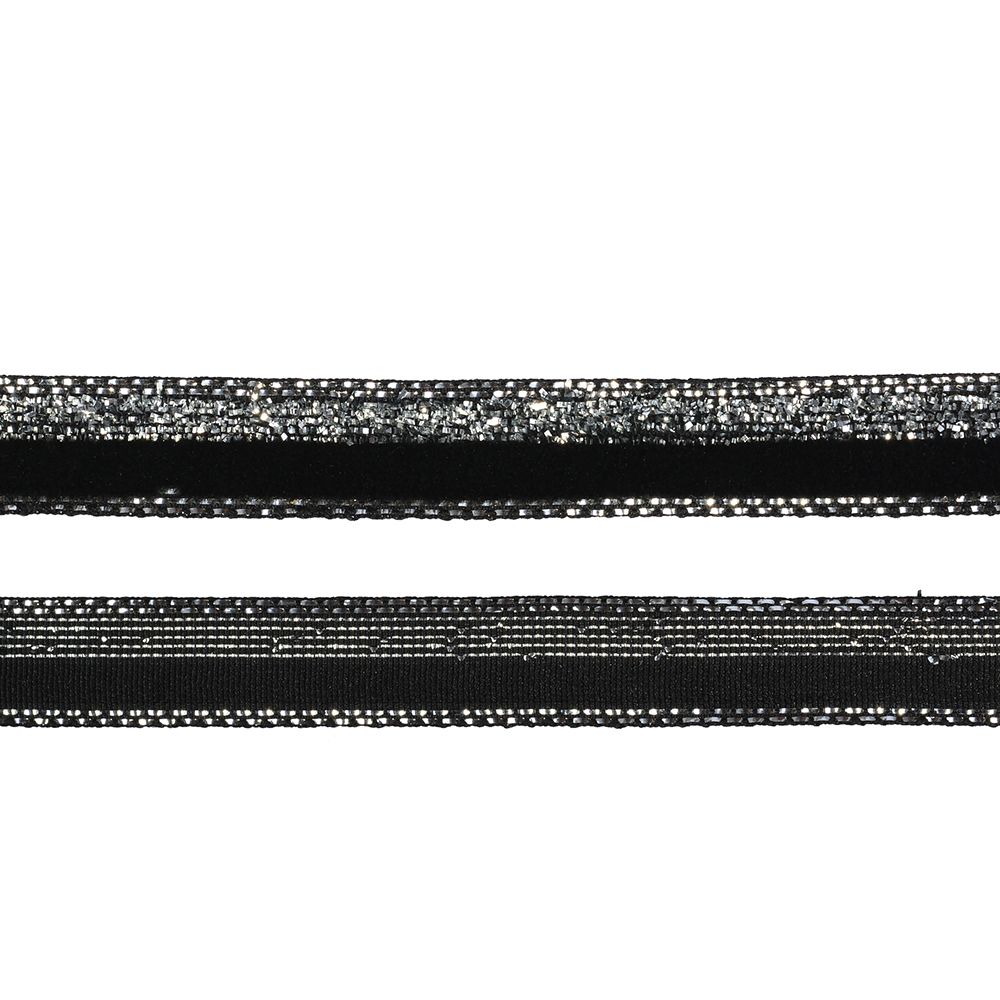 Лента бархатная 10 мм, нейлон, черный-серебро, уп. 30 м, M10012