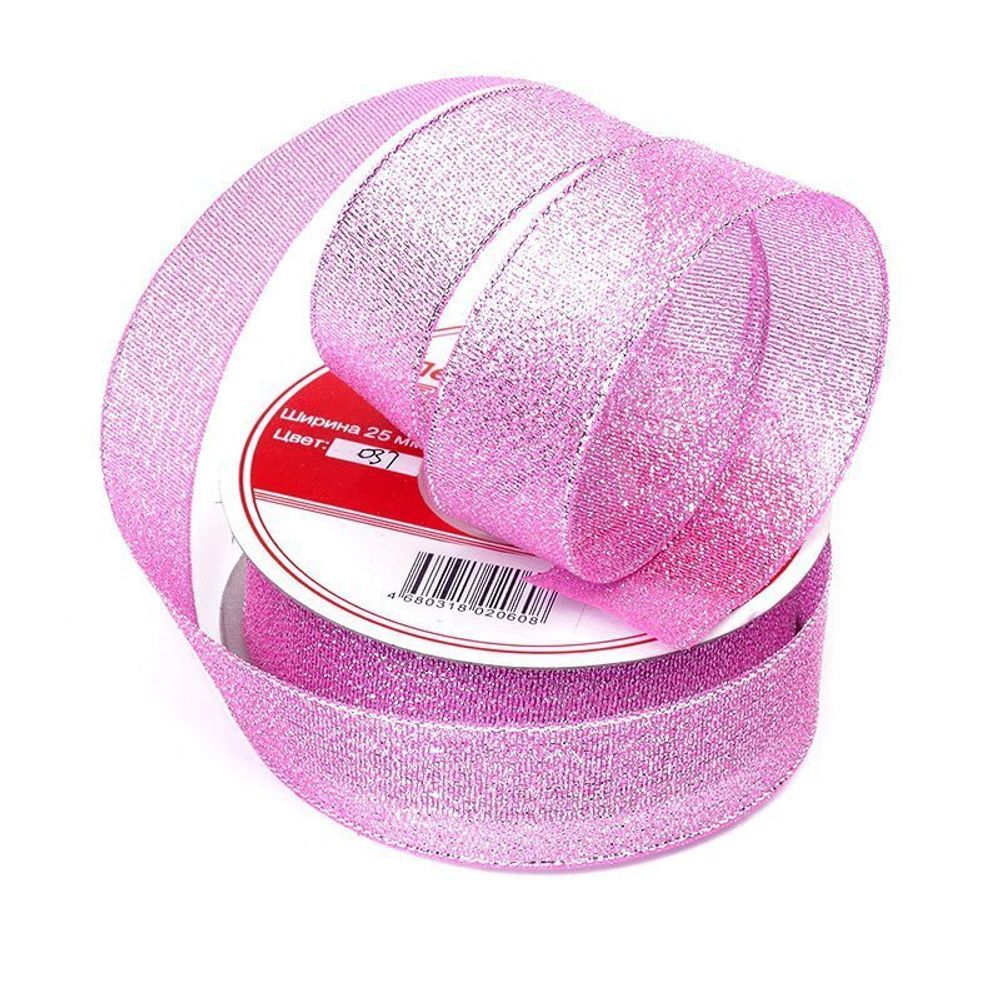 Лента с люрексом 25 мм, 037 св.розовый, уп. 22,85 м