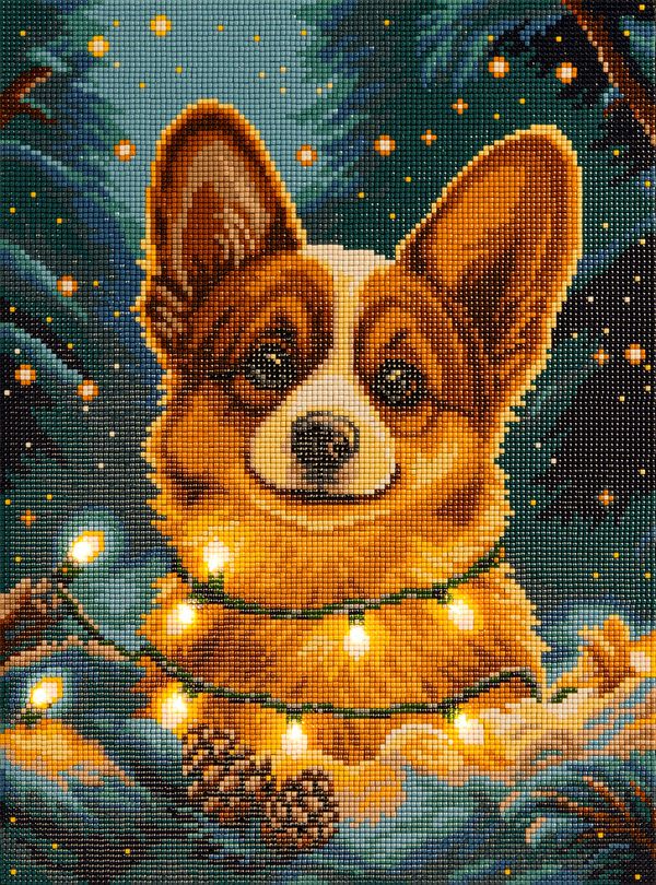 Кристальная (алмазная) мозаика Фрея ALDD-314, на подрамнике, Корги с гирляндой (со светодиодами), 30х40 см