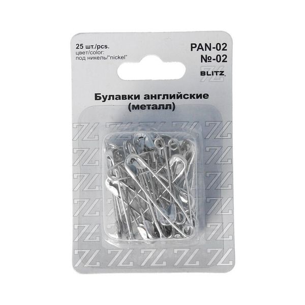 Булавки английские 36 мм, №02, 25 шт, железо, никель, Blitz PAN-02