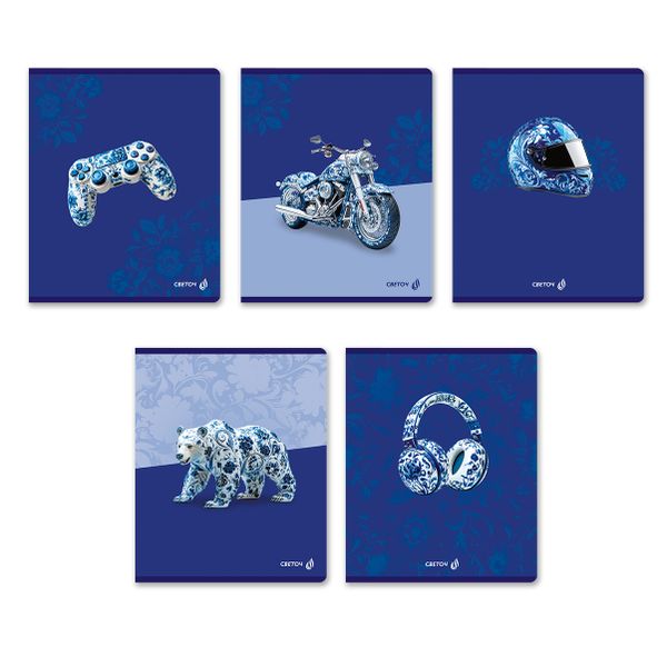 Тетрадь ученическая общая, выборочный лак, A5 96 л. на скобе 65 г/м², белизна 100% 5 шт клетка, 01531 Гжель, Светоч Т80