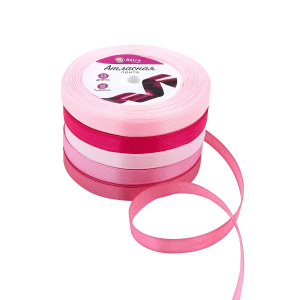 Набор атласных лент 5 цветов по 10.0 мм / 23 метра, розовый микс