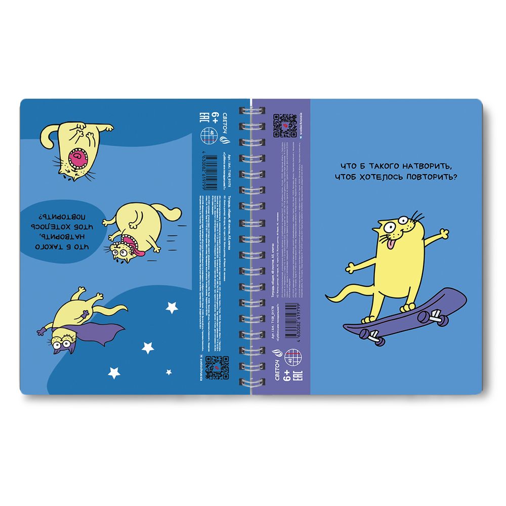 Тетрадь-перевертыш ученическая общая, A5 48 л. на гребне 65 г/м², белизна 100 %, 8 шт, клетка, 01178 Суббота или понедельник?, Светоч Т109