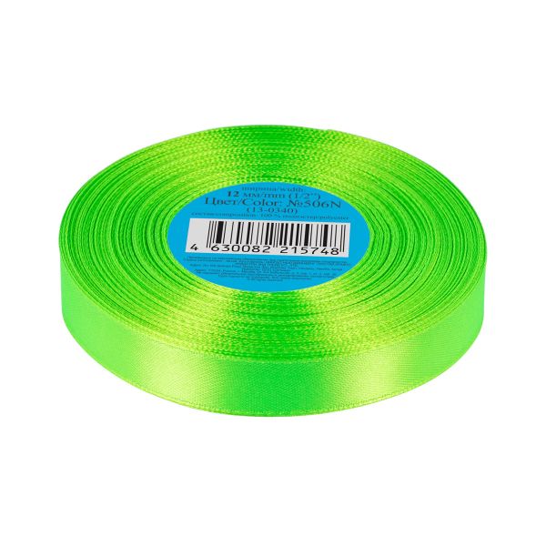 Лента атласная 1-сторонняя 12.0 мм / 33±2 метра, №506N(13-0340) зеленый(неон), Gamma