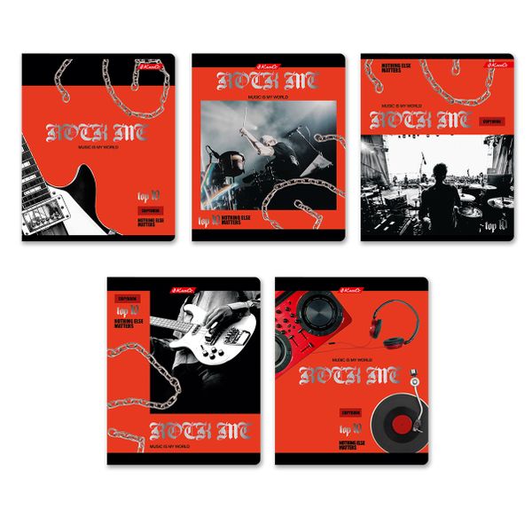 Тетрадь ученическая общая, матовая ламинация + тиснение серебряной фольгой, A5+ 48 л. на скобе 65 г/м², белизна 100%, 10 шт, клетка в термоусадочной пленке, 000728 Рок-музыка, Светоч 48ТЕТк-007