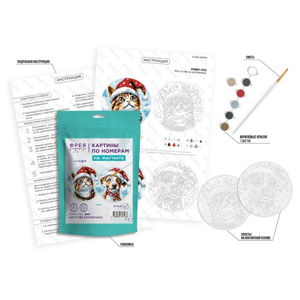 Картина по номерам Фрея PNBM-035, (на магните) Кот и пёс в колпачках, 9х9 см
