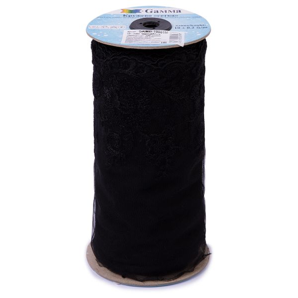 Кружево на сетке широкое 190 мм / 10 м, черный, Gamma GKMB-19001M