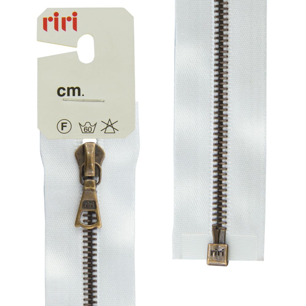 Молния металлическая RIRI Т4 (4 мм) AM, 1 зам., разъем., атлас. тесьма, 60 см, цв. тесьмы 2101, белый, упак. 5 шт