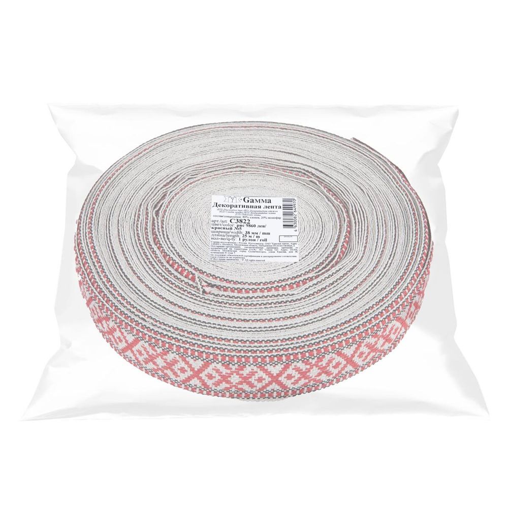 Лента (тесьма) жаккардовая 38.0 мм / 25±1 метров, для пояса, рис 9860 лен/красный №5, Gamma С3822