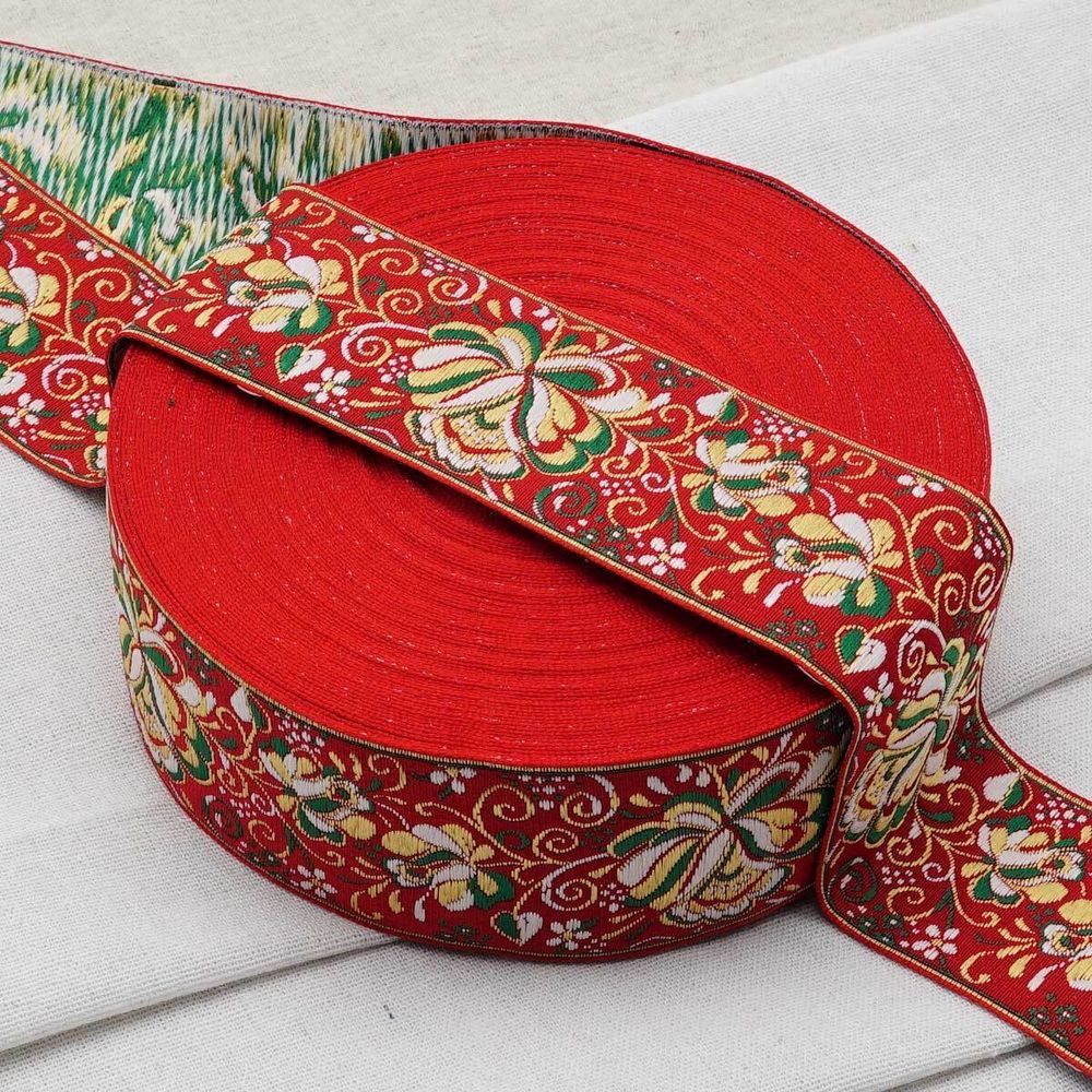 Лента (тесьма) жаккардовая 50.0 мм / 25±1 метров, рис. 9568 Гжель, (6 красный/зеленый/желтый/белый) С3379Г17