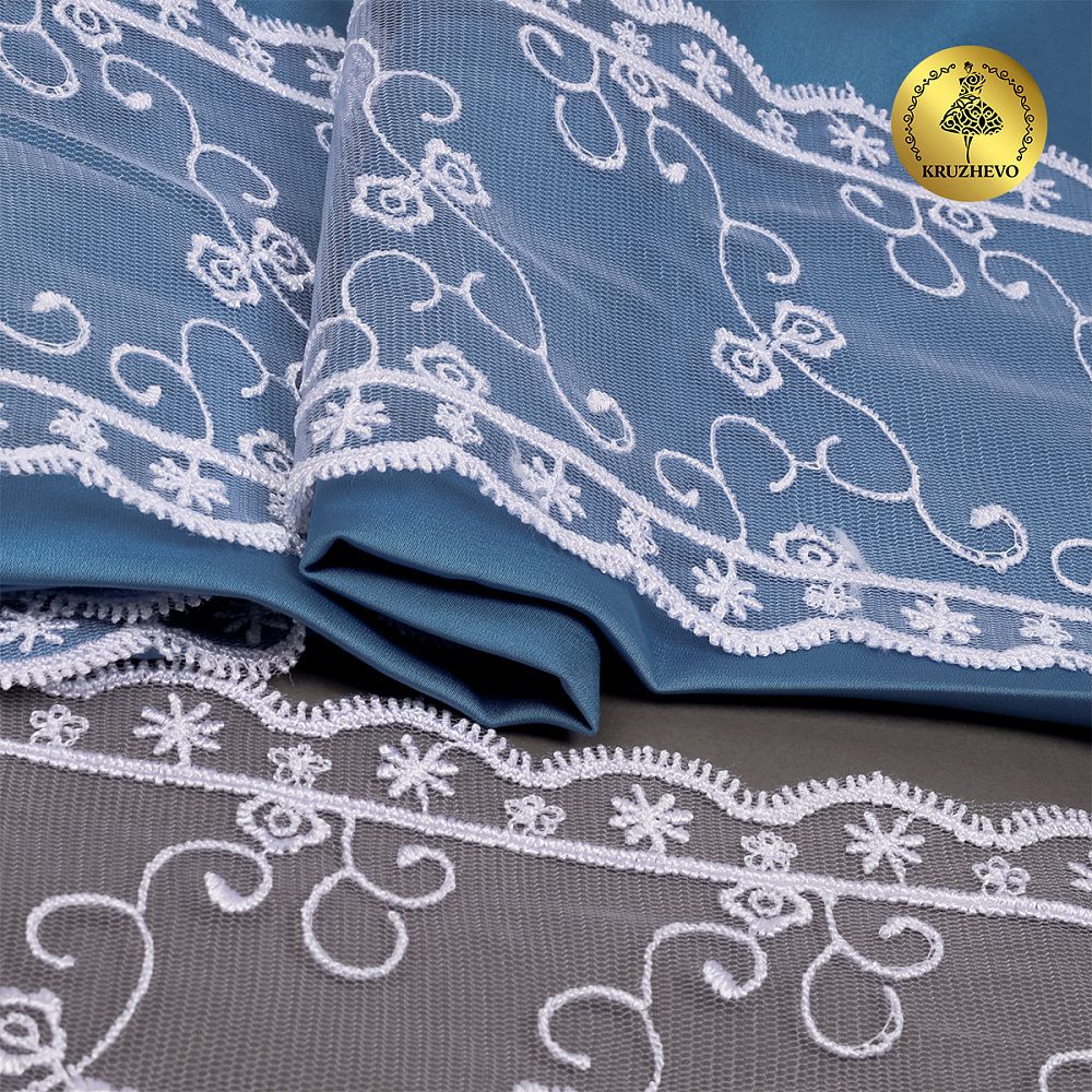 Кружево на сетке широкое 120 мм, цв.01 белый, уп.13.7м, Kruzhevo