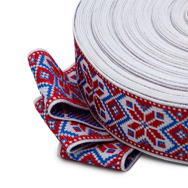 Лента (тесьма) жаккардовая 32.0 мм / 25±1 метров, рис.9624, (2 белый/красный/синий) С1853Г17