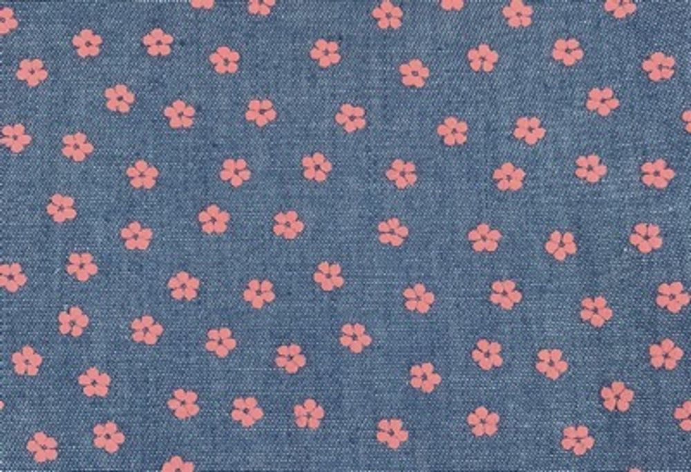 Ткань джинс Цветок-1 (40%п/э, 60%х/б) 48х50 см цв. син/розовый
