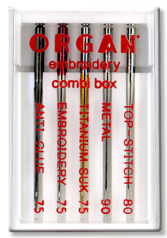 Иглы для бытовых швейных машин Organ вышивальные COMBI ассорти, 5 шт, в пенале, 5118000 ассорти