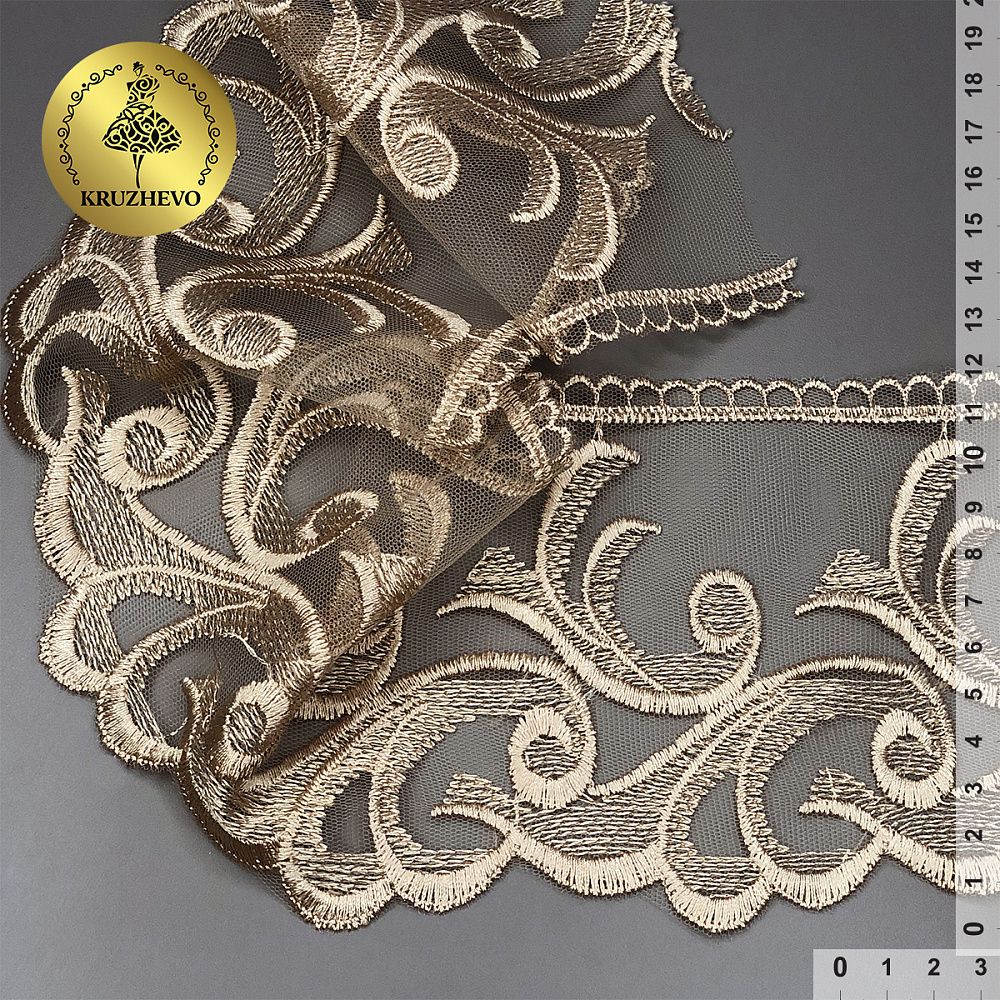 Кружево на сетке широкое 120 мм, диз. 231, цв.N6115 золотисто-бежевый уп. 13.71 м, Kruzhevo