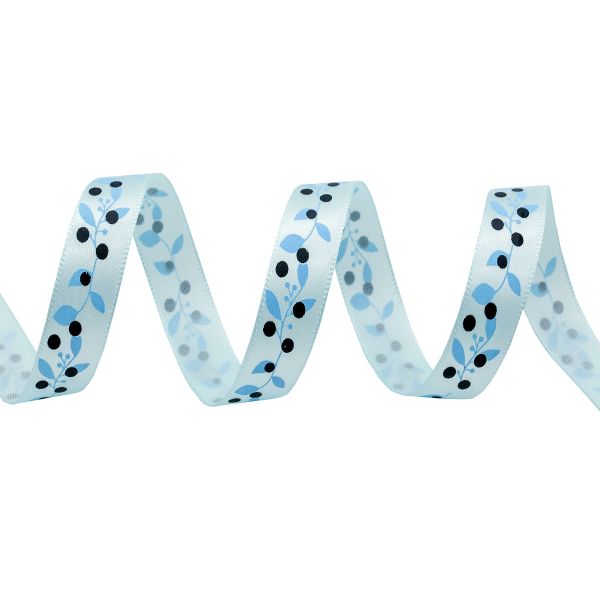 Лента атласная с рисунком 15.0 мм / 22.5±1 метров, Ягодная ветвь, голубой, Globus