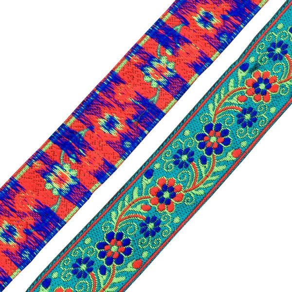 Лента (тесьма) жаккардовая 33.0 мм / 7 метров, бирюза с цветами, 11823