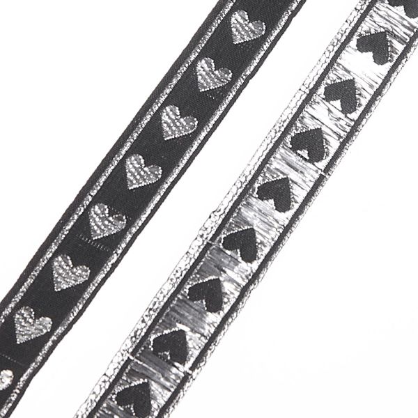 Тесьма декоративная металлизированная Сердечки 15 мм / 25 метров, 15005 черный/серебро