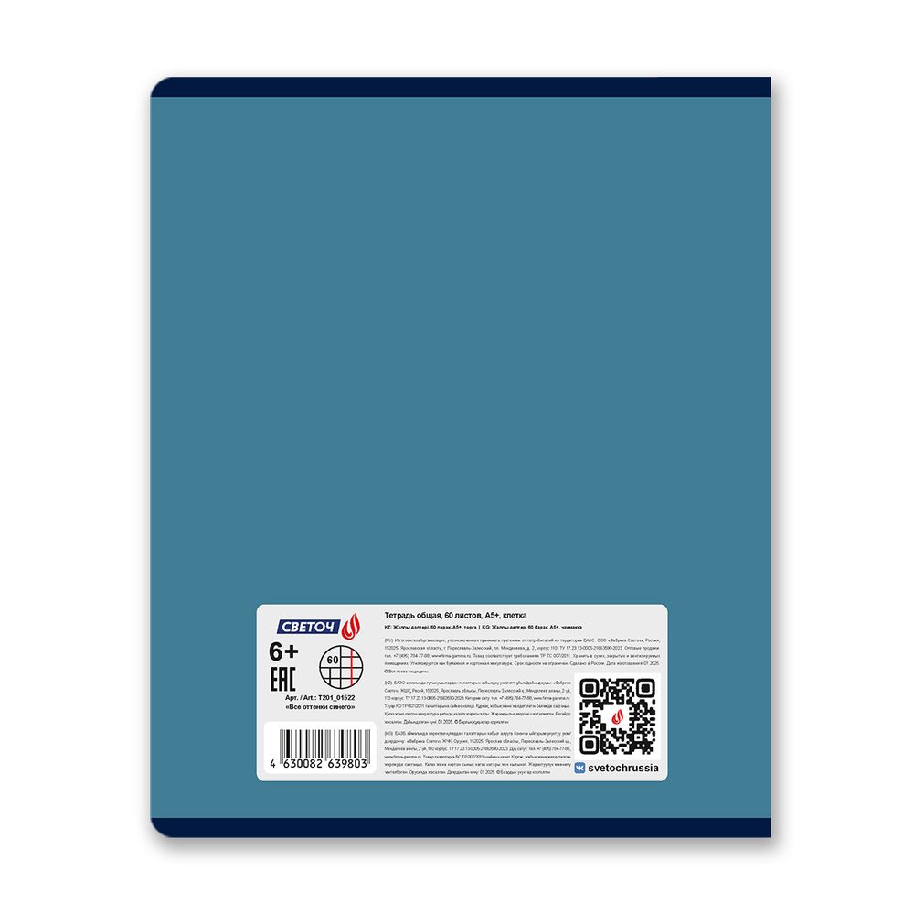 Тетрадь ученическая общая, твин лак A5 60 л. на скобе 65 г/м², белизна 100% 10 шт клетка, 01522 Все оттенки синего, Светоч Т201