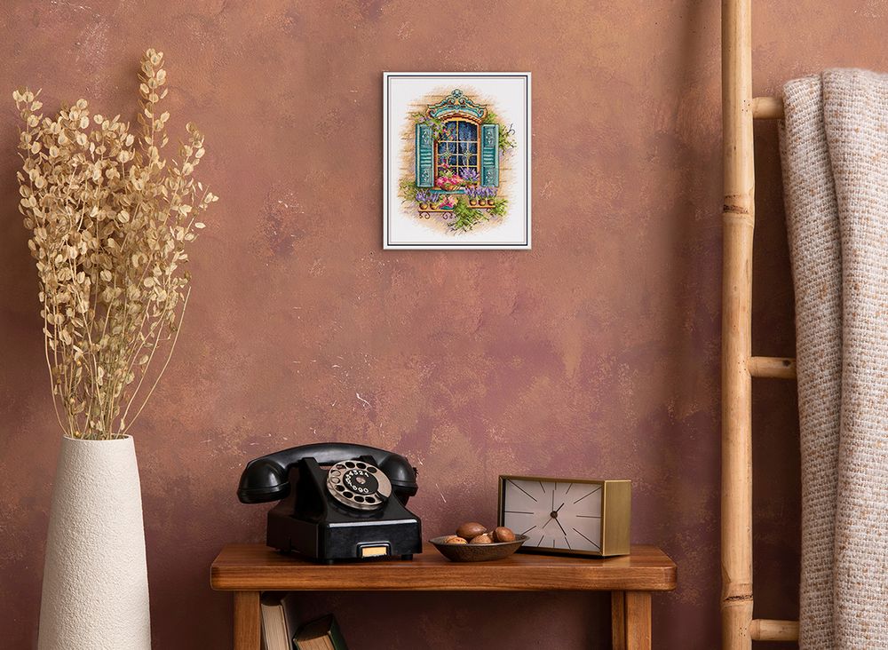 Набор для вышивания нитками Panna DE-7433, Окно с цветами, 18х21 см