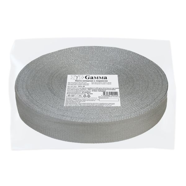 Тесьма (лента) киперная п/э с люрексом 30 мм / 50 метров, св.серый-серебристый/lt.grey-silver, Gamma TPTL-30