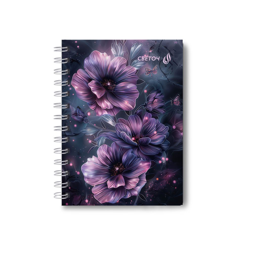 Записная книжка с твердым переплетом, глянцевая ламинация, на гребне A6 120 л. 4 шт клетка, Сиреневый цветок 01598, ЗК226 Светоч