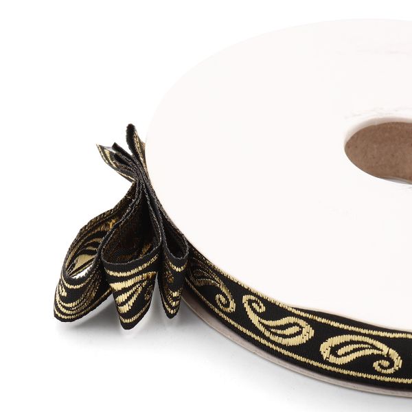 Тесьма декоративная металлизированная Пейсли 15 мм / 25 метров, 15006 черный/золото