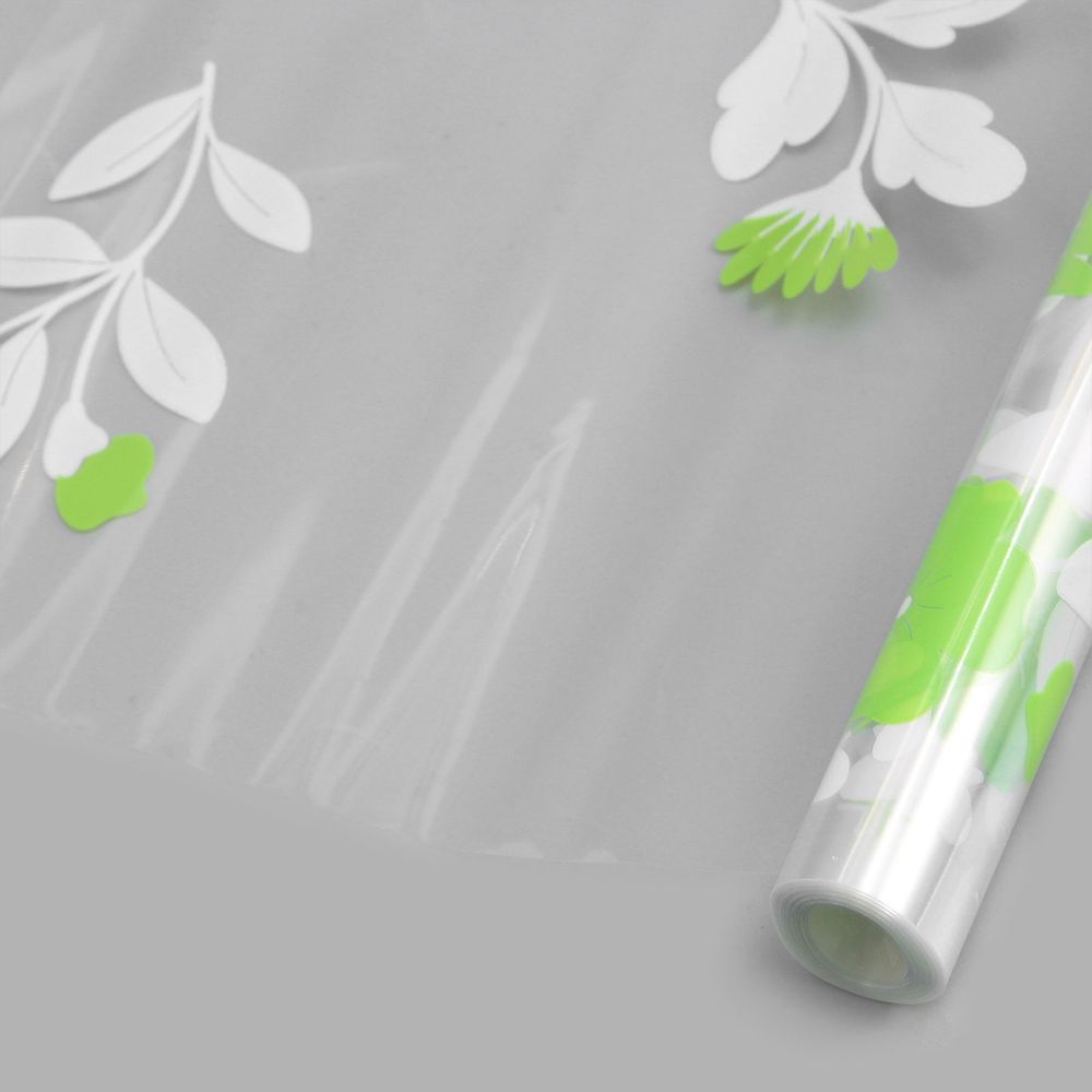 Пленка прозрачная двухцветная с рисунком Полевые цветы бело-салатовая 70см / 9,14м ± 5%