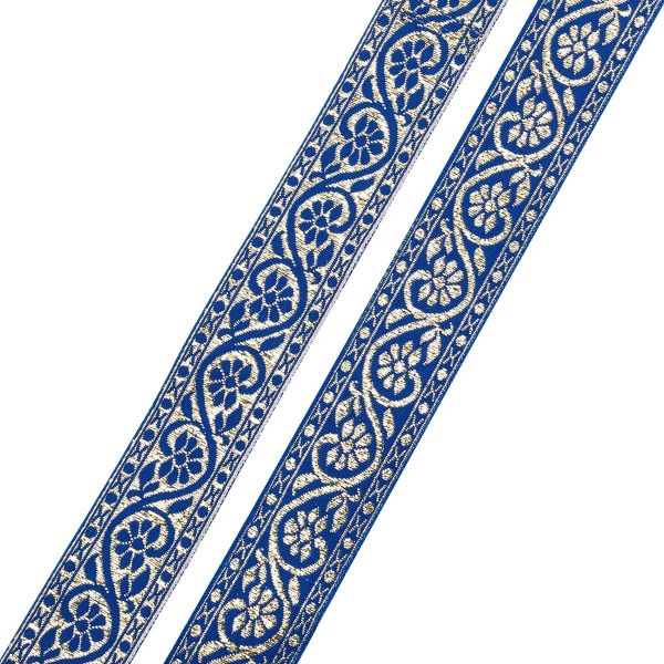 Лента (тесьма) жаккардовая 32.0 мм / 25±1 метров, с метанитом рис. 9819, синий/золото, С3104Г17