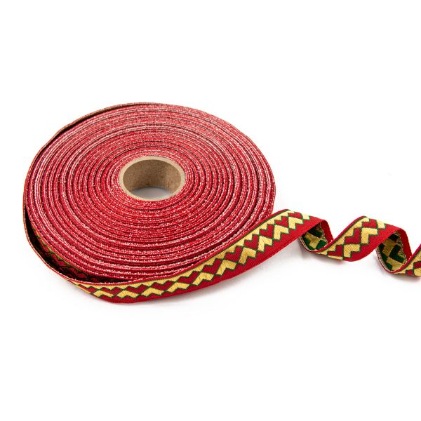 Лента (тесьма) жаккардовая 18.0 мм / 25±1 метров, Орнамент для северных народов, рис 7052 красный-желтый-зеленый, Gamma С3771