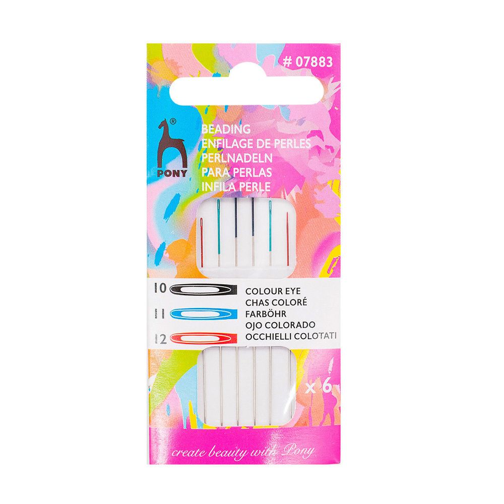 Иглы ручные для бисера с цветн. ушком, №10,11.12, серебро/цв. черный/голуб, красн.6 шт, Pony