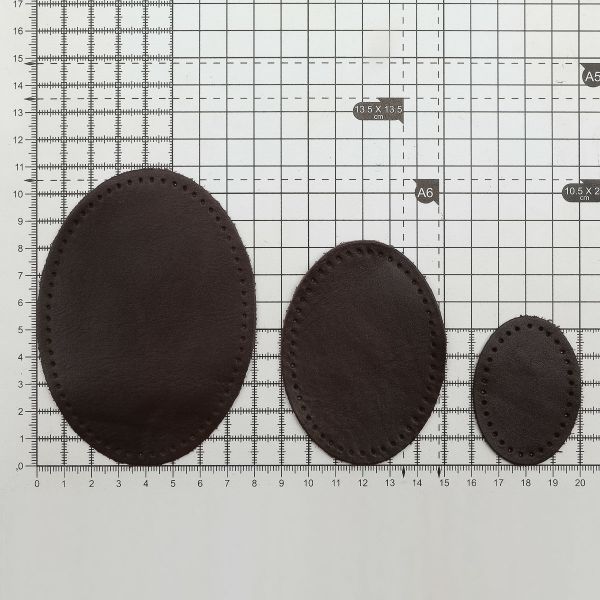 Набор заплаток пришивных из кожи, овал 4х5,5см, 6х8,2см, 8х10,9см, с перфорацией, 3 шт (03 темно-коричневый), 9404