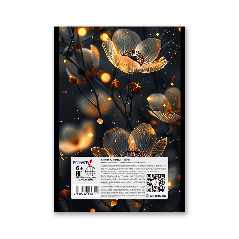 Блокнот на скобе, A5 48 л. 12 шт клетка, В лунном свете 01735, Б262 Светоч