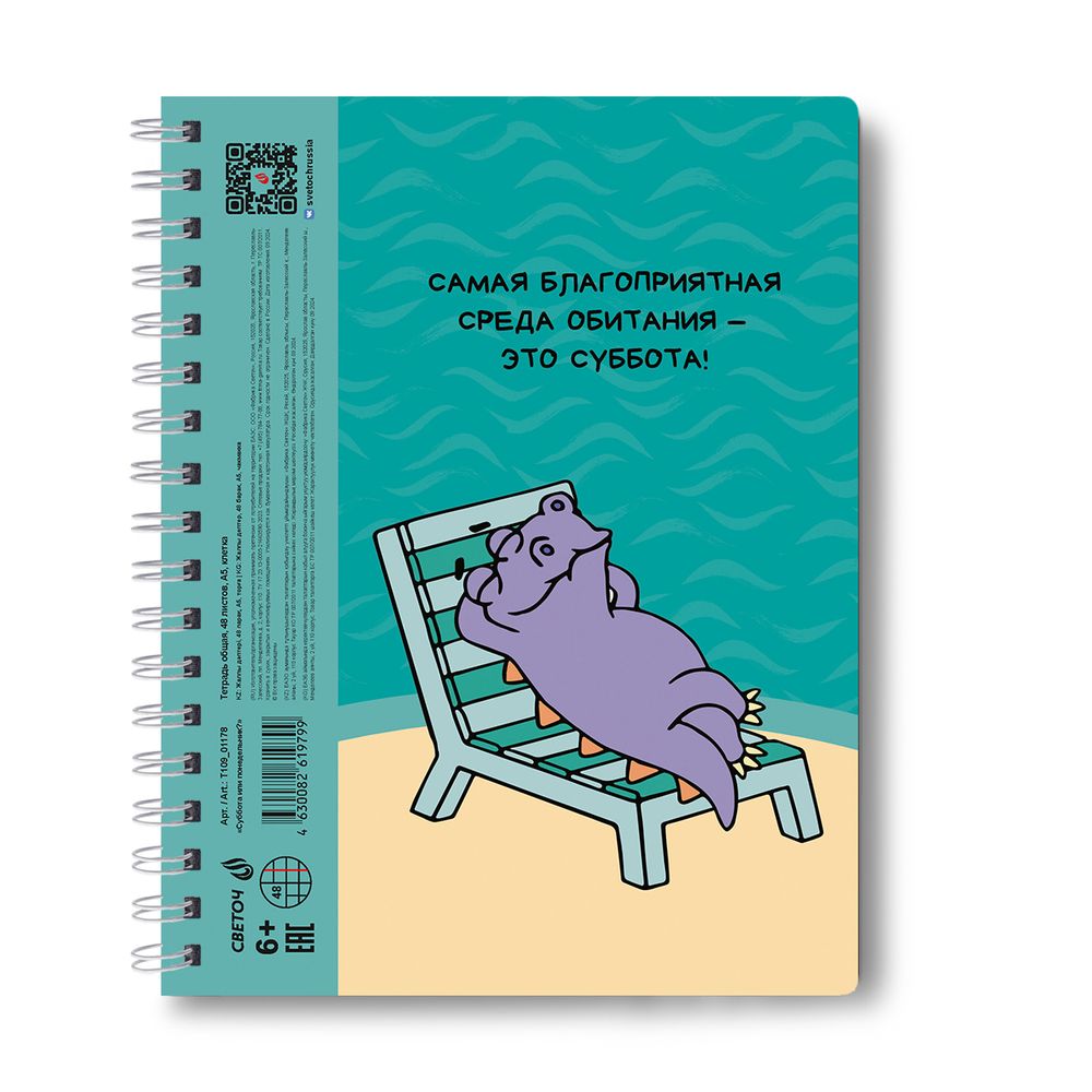 Тетрадь-перевертыш ученическая общая, A5 48 л. на гребне 65 г/м², белизна 100 %, 8 шт, клетка, 01178 Суббота или понедельник?, Светоч Т109