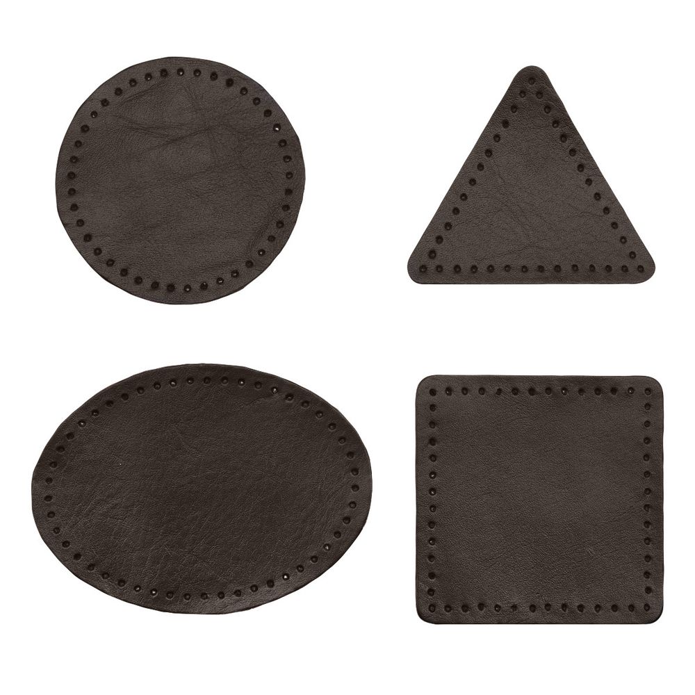 Набор заплаток пришивных из кожи, круг, квадрат, треугольник, овал 6см, с перфорацией, 4 шт (03 темно-коричневый), 9723