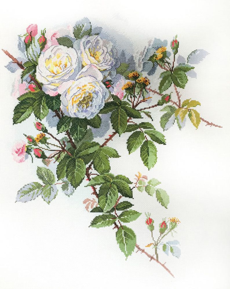 Марья Искусница, Белые розы по рисунку П. де Лонгпре 45х50 см
