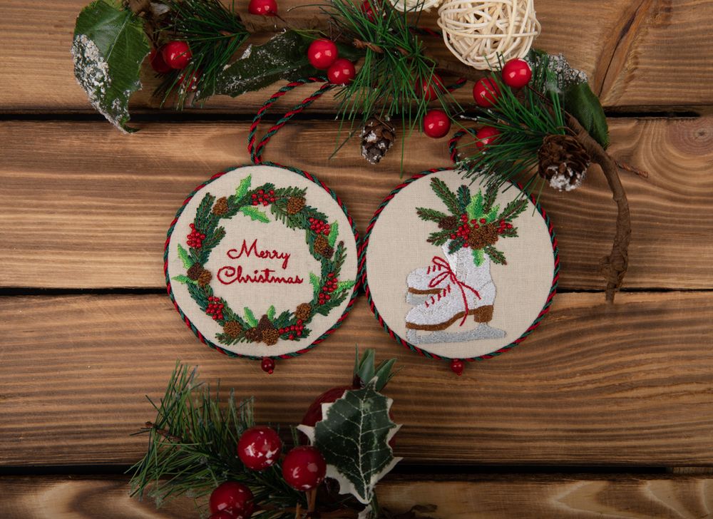 Набор для вышивания нитками Panna, Живая картина новогодняя игрушка Коньки, 8х8 см