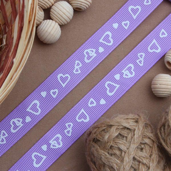 Лента репсовая (в рубчик) Сердечки, 15 мм, 3м, фиолетовый
