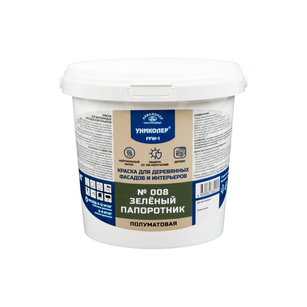 Краска для деревянных фасадов и интерьеров 1.86 л, № 008 Зелёный папоротник, Униколер FFW-1