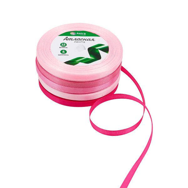 Набор атласных лент 5 цветов по 6.0 мм / 23 метра, розовый микс